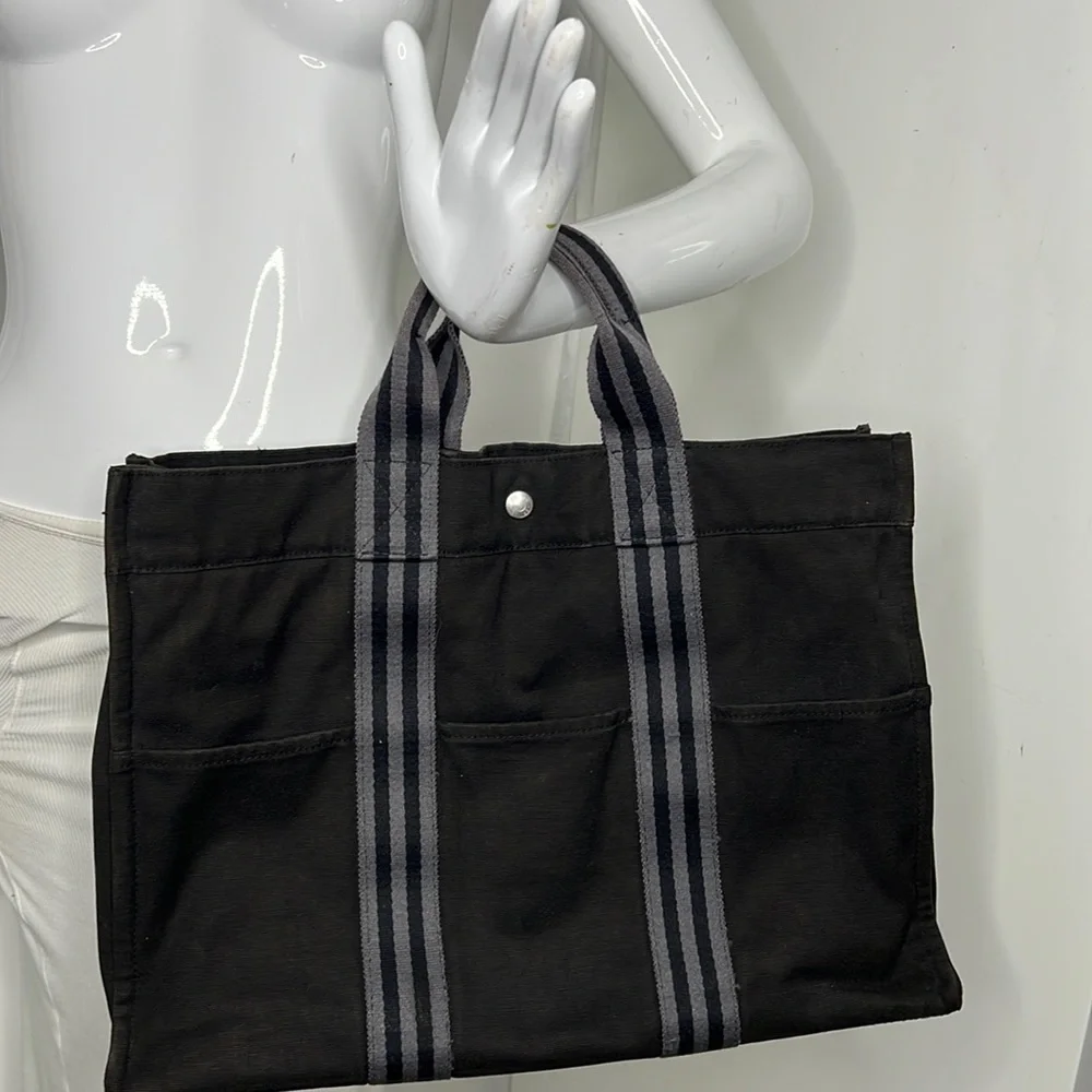 HERMÈS Toile Fourre-Tout MM Black Gray Tote - Picture 3 of 16
